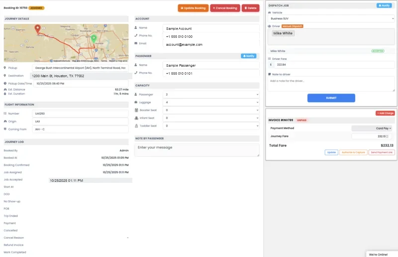 Exaltis dispatch board with live driver pins and trip status