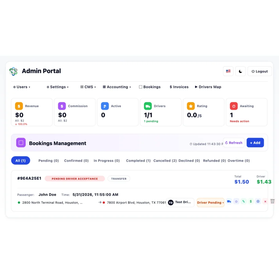 Exaltis admin dashboard for a black car service